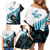 New Zealand Lawn Bowls Custom Family Matching Off Shoulder Short Dress and Hawaiian Shirt Aotearoa Silver Fern Paua Shell - Polynesian Pride