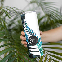 New Zealand Lawn Bowls Custom Skinny Tumbler Aotearoa Silver Fern Paua Shell - Polynesian Pride