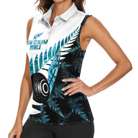 New Zealand Lawn Bowls Custom Women Sleeveless Polo Shirt Aotearoa Silver Fern Paua Shell - Polynesian Pride