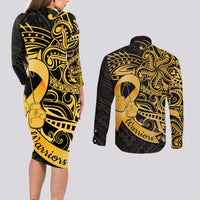 Polynesia Bone Cancer Awareness Couples Matching Long Sleeve Bodycon Dress and Long Sleeve Button Shirt Fight Warriors