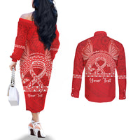 Personalised In September We Wear Red Couples Matching Off The Shoulder Long Sleeve Dress and Long Sleeve Button Shirt Polynesia Blood Cancer Awareness