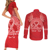 Personalised In September We Wear Red Couples Matching Short Sleeve Bodycon Dress and Long Sleeve Button Shirt Polynesia Blood Cancer Awareness