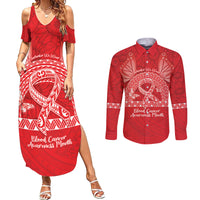 Personalised In September We Wear Red Couples Matching Summer Maxi Dress and Long Sleeve Button Shirt Polynesia Blood Cancer Awareness