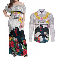 Kiribati Independence Day Couples Matching Off Shoulder Maxi Dress and Long Sleeve Button Shirt Frigatebird Mix Tropical Flowers - White Style LT14 White - Polynesian Pride