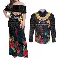 Kiribati Independence Day Couples Matching Off Shoulder Maxi Dress and Long Sleeve Button Shirt Frigatebird Mix Tropical Flowers - Black Style LT14 Black - Polynesian Pride