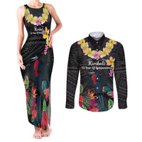 Kiribati Independence Day Couples Matching Tank Maxi Dress and Long Sleeve Button Shirt Frigatebird Mix Tropical Flowers - Black Style LT14 Black - Polynesian Pride