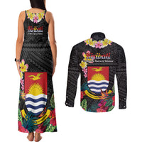Kiribati Independence Day Couples Matching Tank Maxi Dress and Long Sleeve Button Shirt Frigatebird Mix Tropical Flowers - Black Style LT14 - Polynesian Pride