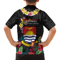 Kiribati Independence Day Family Matching Long Sleeve Bodycon Dress and Hawaiian Shirt Frigatebird Mix Tropical Flowers - Black Style LT14 - Polynesian Pride