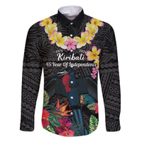 Kiribati Independence Day Family Matching Long Sleeve Bodycon Dress and Hawaiian Shirt Frigatebird Mix Tropical Flowers - Black Style LT14 Dad's Shirt - Long Sleeve Black - Polynesian Pride