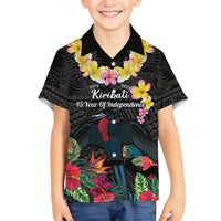 Kiribati Independence Day Family Matching Long Sleeve Bodycon Dress and Hawaiian Shirt Frigatebird Mix Tropical Flowers - Black Style LT14 Son's Shirt Black - Polynesian Pride