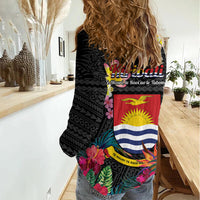Kiribati Independence Day Women Casual Shirt Frigatebird Mix Tropical Flowers - Black Style LT14 - Polynesian Pride