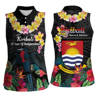 Kiribati Independence Day Women Sleeveless Polo Shirt Frigatebird Mix Tropical Flowers - Black Style LT14 - Polynesian Pride