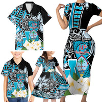 Personalised Guam Liberation Day Family Matching Short Sleeve Bodycon Dress and Hawaiian Shirt Chamorro Latte Stone With Guasali Flowers