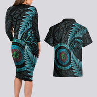 New Zealand Archery Couples Matching Long Sleeve Bodycon Dress and Hawaiian Shirt Aotearoa Silver Fern Maori LT14 - Polynesian Pride
