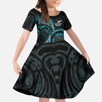 New Zealand Archery Family Matching Tank Maxi Dress and Hawaiian Shirt Aotearoa Silver Fern Maori LT14 Daughter's Dress Turquoise - Polynesian Pride