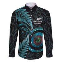 New Zealand Archery Family Matching Tank Maxi Dress and Hawaiian Shirt Aotearoa Silver Fern Maori LT14 Dad's Shirt - Long Sleeve Turquoise - Polynesian Pride