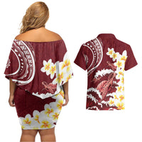 Blood Gold Polynesia Couples Matching Off Shoulder Short Dress and Hawaiian Shirt Polynesian Frangipani With Sea Turtles LT14 - Polynesian Pride