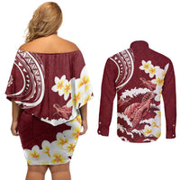 Blood Gold Polynesia Couples Matching Off Shoulder Short Dress and Long Sleeve Button Shirt Polynesian Frangipani With Sea Turtles
