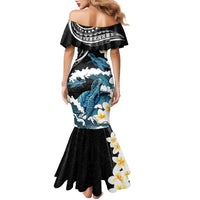 Black Polynesia Family Matching Mermaid Dress and Hawaiian Shirt Polynesian Frangipani With Sea Turtles
