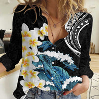 Black Polynesia Women Casual Shirt Polynesian Frangipani With Sea Turtles