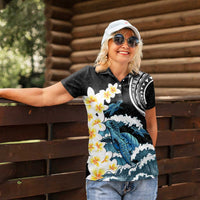 Black Polynesia Women Polo Shirt Polynesian Frangipani With Sea Turtles