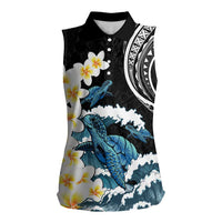 Black Polynesia Women Sleeveless Polo Shirt Polynesian Frangipani With Sea Turtles