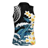 Black Polynesia Women Sleeveless Polo Shirt Polynesian Frangipani With Sea Turtles
