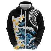 Black Polynesia Zip Hoodie Polynesian Frangipani With Sea Turtles