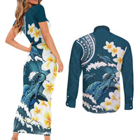 Dark Teal Polynesia Couples Matching Short Sleeve Bodycon Dress and Long Sleeve Button Shirt Polynesian Frangipani With Sea Turtles