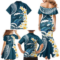 Dark Teal Polynesia Family Matching Mermaid Dress and Hawaiian Shirt Polynesian Frangipani With Sea Turtles