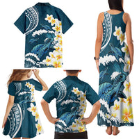 Dark Teal Polynesia Family Matching Tank Maxi Dress and Hawaiian Shirt Polynesian Frangipani With Sea Turtles