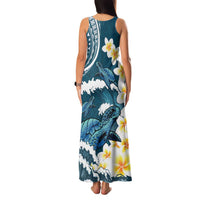 Dark Teal Polynesia Family Matching Tank Maxi Dress and Hawaiian Shirt Polynesian Frangipani With Sea Turtles