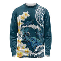 Dark Teal Polynesia Long Sleeve Shirt Polynesian Frangipani With Sea Turtles