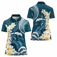 Dark Teal Polynesia Women Polo Shirt Polynesian Frangipani With Sea Turtles