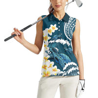Dark Teal Polynesia Women Sleeveless Polo Shirt Polynesian Frangipani With Sea Turtles