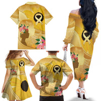 Polynesia Childhood Cancer Awareness Family Matching Off The Shoulder Long Sleeve Dress and Hawaiian Shirt Be Bold Go Gold Polynesian Art
