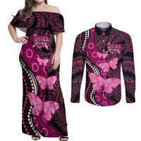 Think Pink Breast Cancer Awareness Couples Matching Off Shoulder Maxi Dress and Long Sleeve Button Shirt Butterfly Aboriginal Mix Polynesian Pattern
