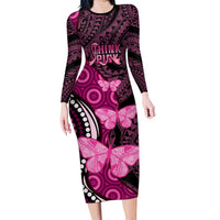 Think Pink Breast Cancer Awareness Family Matching Long Sleeve Bodycon Dress and Hawaiian Shirt Butterfly Aboriginal Mix Polynesian Pattern