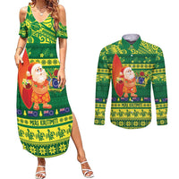 Cook Islands Christmas Couples Matching Summer Maxi Dress and Long Sleeve Button Shirt Surfing Santa Mere Kiritimiti LT14 Green - Polynesian Pride