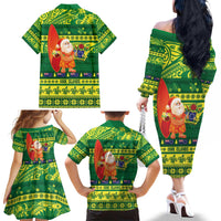 Cook Islands Christmas Family Matching Off The Shoulder Long Sleeve Dress and Hawaiian Shirt Surfing Santa Mere Kiritimiti - Polynesian Pride