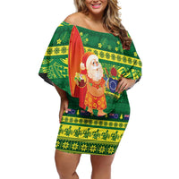 Cook Islands Christmas Off Shoulder Short Dress Surfing Santa Mere Kiritimiti - Polynesian Pride