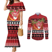 French Polynesia Christmas Couples Matching Mermaid Dress and Long Sleeve Button Shirt Tiare Chilling Santa Oaoa I teie Noera LT14 Red - Polynesian Pride