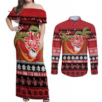 French Polynesia Christmas Couples Matching Off Shoulder Maxi Dress and Long Sleeve Button Shirt Tiare Chilling Santa Oaoa I teie Noera LT14 Red - Polynesian Pride