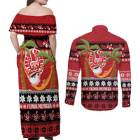 French Polynesia Christmas Couples Matching Off Shoulder Maxi Dress and Long Sleeve Button Shirt Tiare Chilling Santa Oaoa I teie Noera LT14 - Polynesian Pride