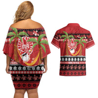 French Polynesia Christmas Couples Matching Off Shoulder Short Dress and Hawaiian Shirt Tiare Chilling Santa Oaoa I teie Noera - Polynesian Pride