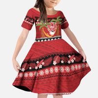 French Polynesia Christmas Family Matching Puletasi and Hawaiian Shirt Tiare Chilling Santa Oaoa I teie Noera LT14 Daughter's Dress Red - Polynesian Pride
