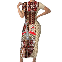Samoa Tapau Short Sleeve Bodycon Dress Samoan Siapo Pattern LT14 Long Dress Brown - Polynesian Pride