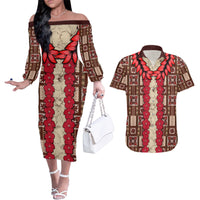 Samoa Siapo Couples Matching Off The Shoulder Long Sleeve Dress and Hawaiian Shirt Tapa Pattern Mix Ula Fala Hibiscus LT14 Brown - Polynesian Pride
