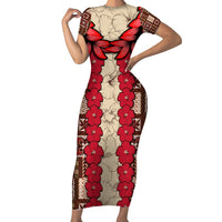 Samoa Siapo Short Sleeve Bodycon Dress Tapa Pattern Mix Ula Fala Hibiscus LT14 Long Dress Brown - Polynesian Pride