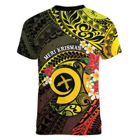 Vanuatu Christmas Women V-Neck T-Shirt Vanuatuan Pig Tusk - Meri Krismas! LT14 - Polynesian Pride